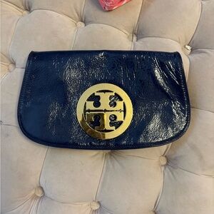 Tory Burch Navy Patent Clutch with Gold Logo